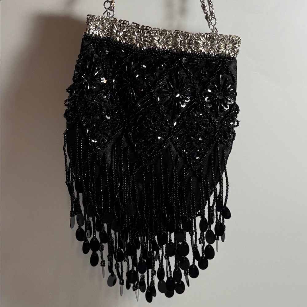 Menbur Black Beaded Evening Bag with Fringe Beads & Chain Strap